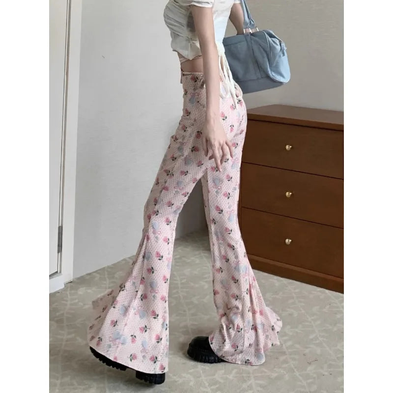 2024 Summer Vintage Korean Retro High Street Print Laceup Waist Trousers Streetwear Fashion Flare Pants