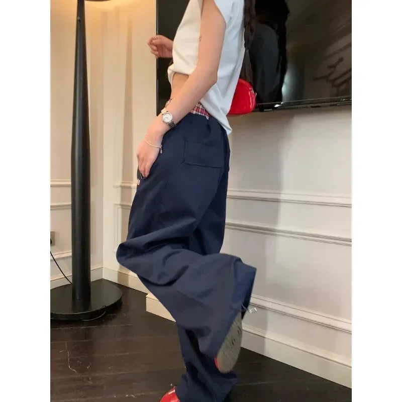 American Contrast Color Patchwork Loose Wide Leg Pants Women Autumn New High Waist Laceup Letters Embroidered Casual Pants