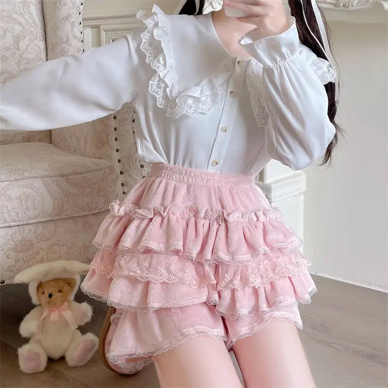 Autumn Japanese Soft Girl Warm Pumpkin Pants Leggings High Waist Pink Cake Skirts for Women Sweet Lolita Aline Shorts Skirts