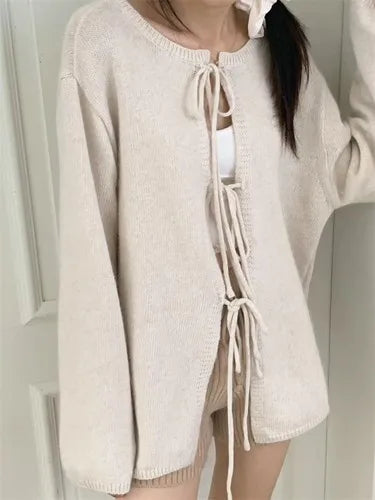 2024 Autumn for Women Crop Tops Vintage Korean Retro High Street Hollow Out Bandage Sweater Cardigan Knit Jacket Tops