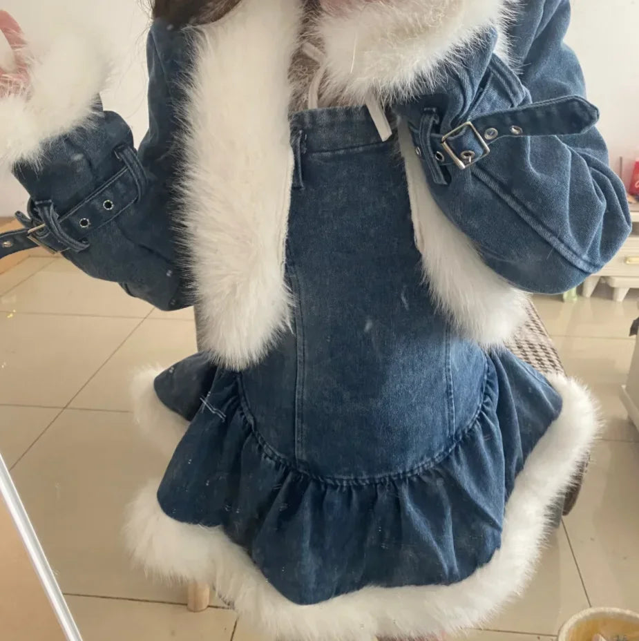 Autumn Winter Korean Temperament Sexy Patchwork Plush Denim Jacket + Slip Dress Pants Slimming Versatile 2 Pieces Set