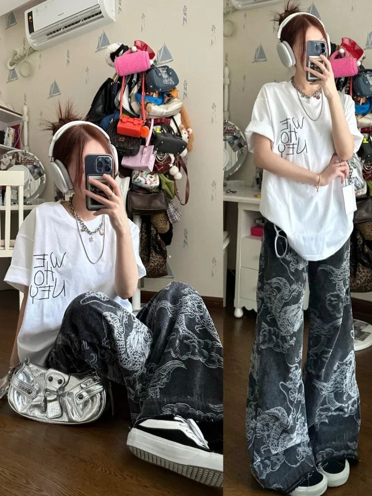 Chinese Style Jeans Women Y2k Vintage Baggy Dragon Print High Waist Zip Wide Leg Denim Pants Hip Hop Causal Kpop Bottoms