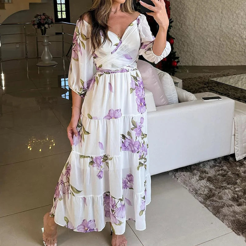 Women Chic Half Sleeve Swing Beach Long Dress 2024 Female Draped Loose Party Dress Elegant Floral Print Off Shoulder Pleat Dress