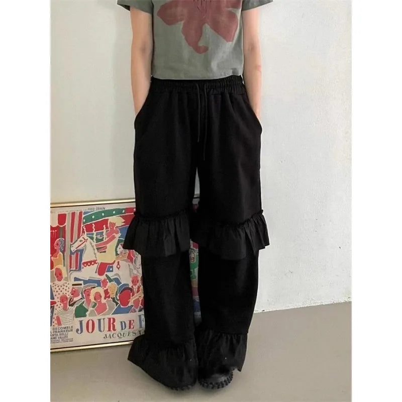 Vintage Korean Retro Ruffled Stitching Drawstring Casual Pants Women Spring and Summer Chic White Flare Pants
