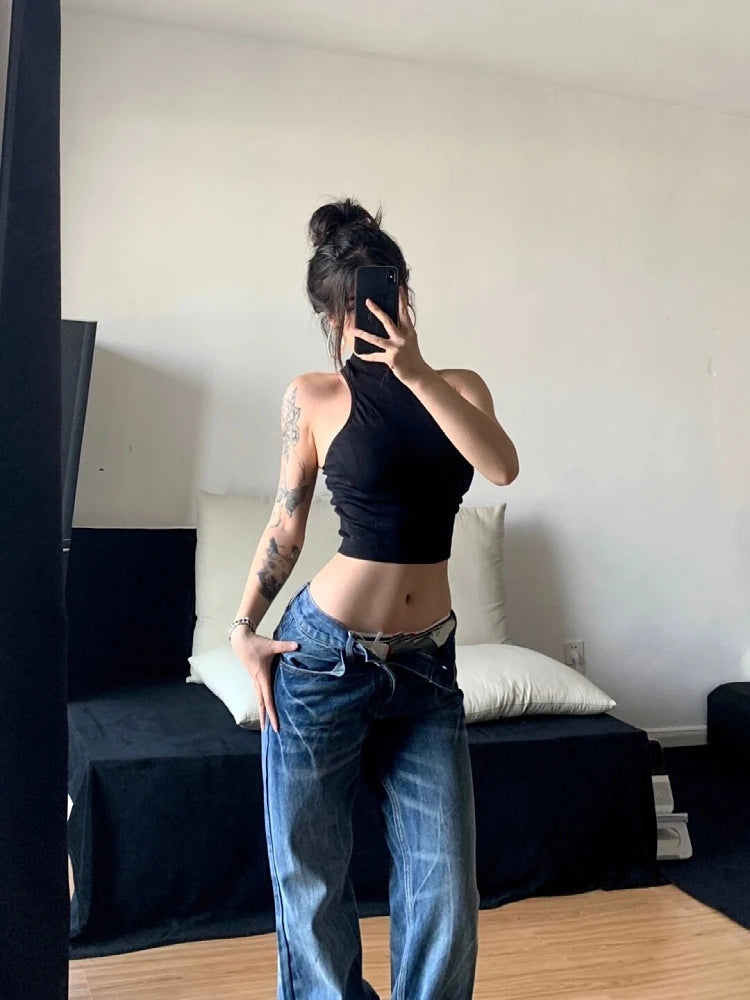 Women Korean Fashion Vintage Classical Chic Jeans Straight Leg Simple Jeans Grunge Harajuku Blue Denim Pants Y2k Tide Aesthetic