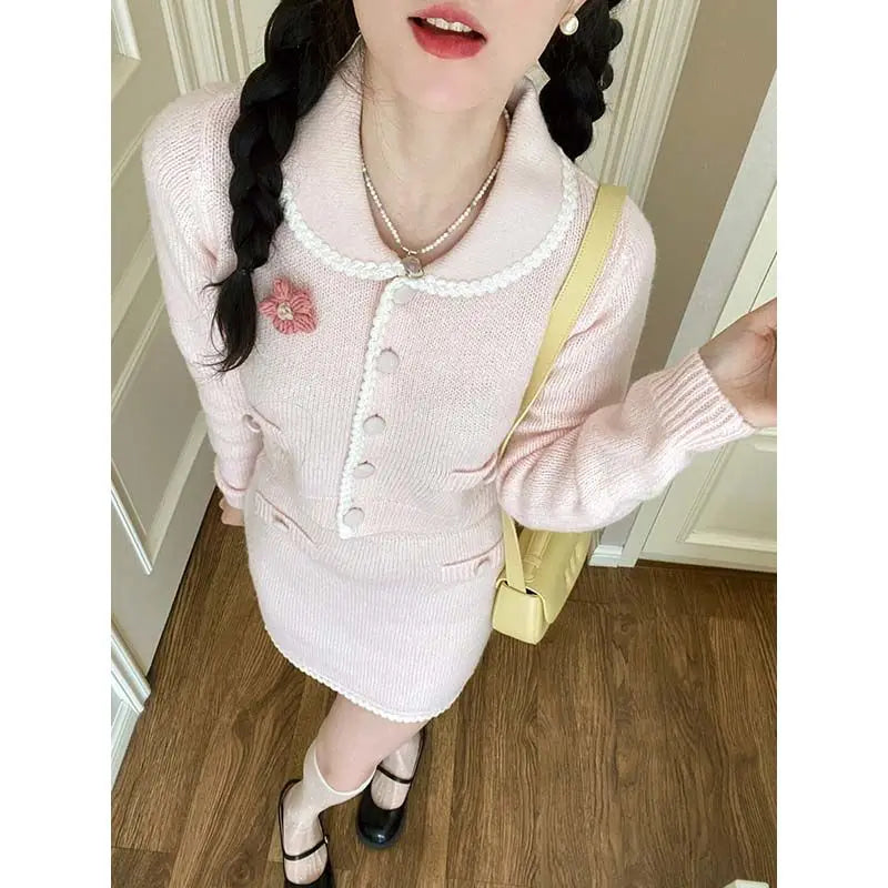 Sweet Hot Girl Suit Women's Autumn Turndown Collar Knitted Cardigan High Waist Wrap Hip Skirt Twopiece Set Female Clothes
