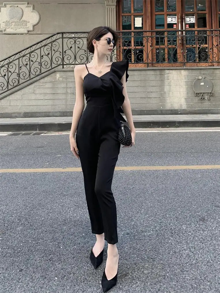 2025 Summer Outfit New Fashion Stylish Socialite Slim Fit Ruffled Sleeves Temperament Queen Jumpsuit Pencil Pants Women