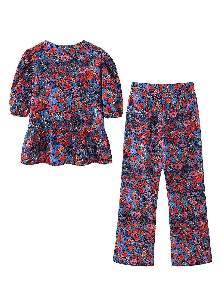 Women 2 Piece Set Vintage Printed Lace Up Blouse Top Casual ONeck Short Sleeve Tshirt Loose High Waist Wide Leg Pant
