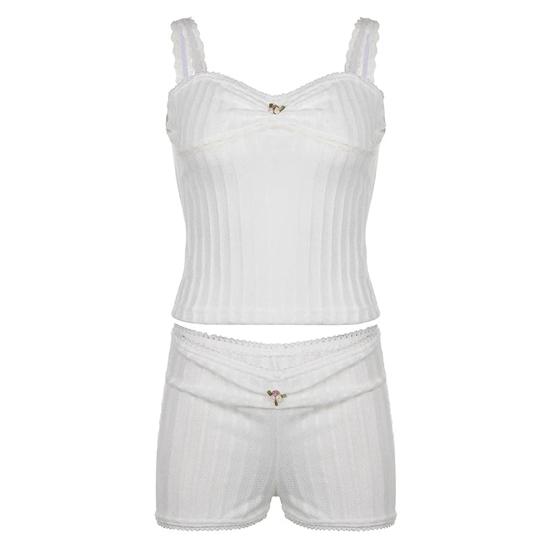 Woman Hot Pants Japanese Fashion Outfits Gyaru Tank Top Shorts Halter Top Sexy Sets Crochet New Trend Top Cute Core Chic