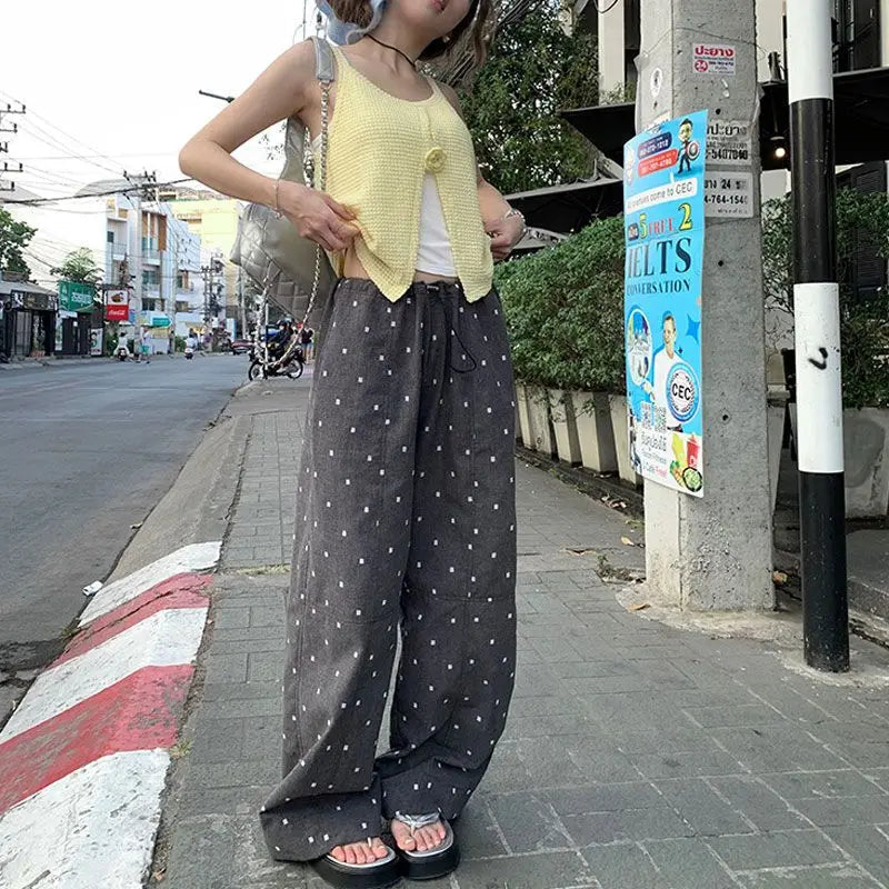 2025 Summer Hot Retro Internet Celebrity Korean New Straight Tube Loose Wave Embroidery Casual Pants Trend