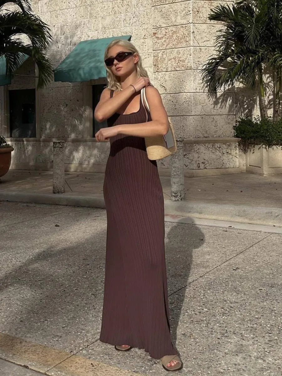 2024 New Solid Pit Striped Knitted Dress U Collar Sleeveless Slim Suspender Maxi Dresses Elegant Fashion Summer Holiday Vestidos
