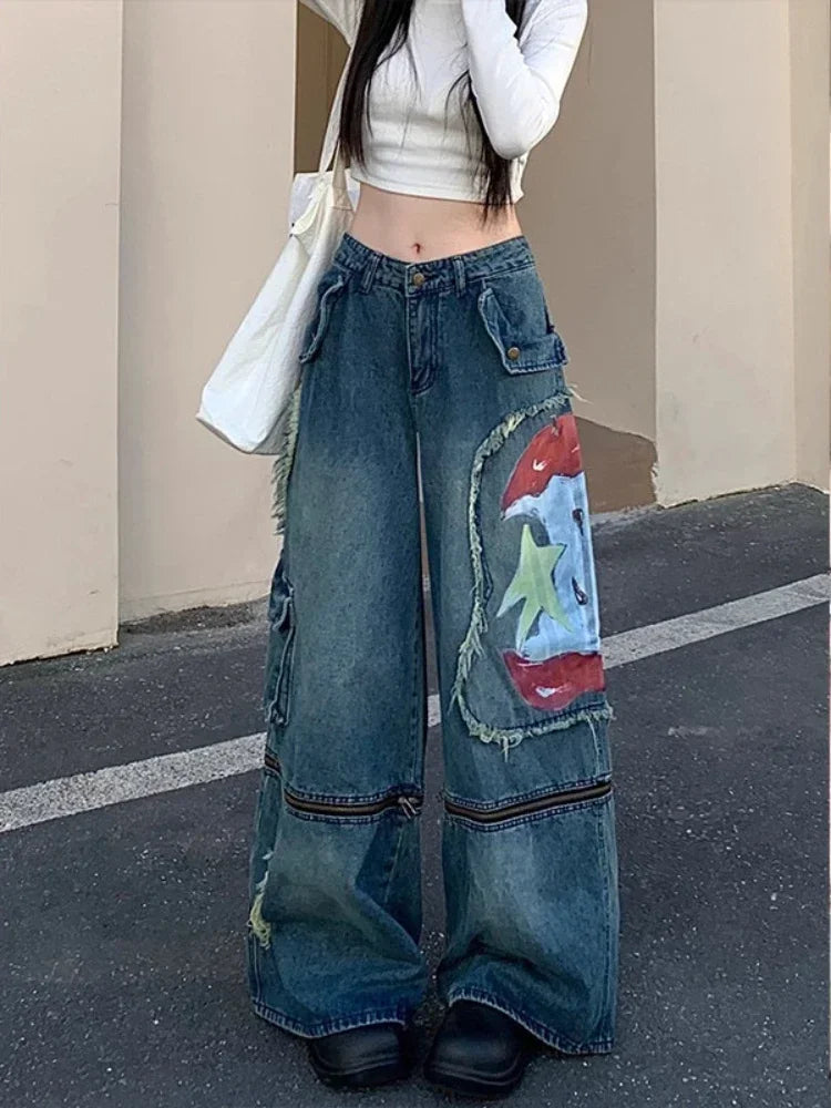 Blue Washed Cargo Jeans Women Ripped Wide Leg Denim Pants Zipper Oversized Streetwear Y2k Hip Hop Graffiti Baggy Bottoms
