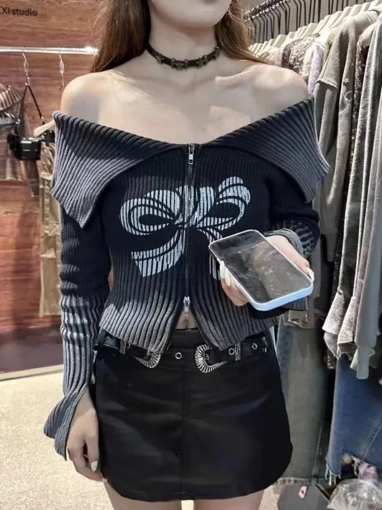 Bow Print Offshoulder Knitwear Gradient Cardigan Sweater Zipper Maillard Style Fairy Grunge Long Sleeve Top Y2k Clothes