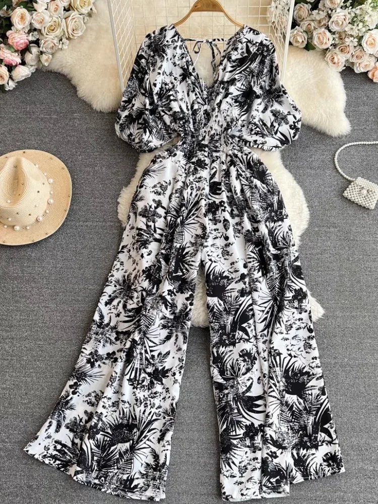 Women Elegant Print Puff Sleeve V Neck Jumpsuits Summer New Fashion High Waist One Piece Female Casual Straight Wide Leg Pants