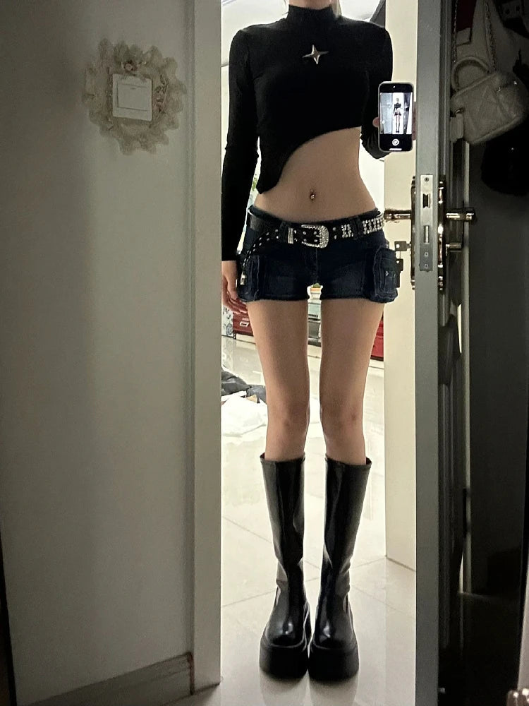 Woman Casual Hot Slim Pants Low Waist Jean Solid Color Wash shorts Denim Shorts With Belt Classical Sexy Gyaru Dark Academia
