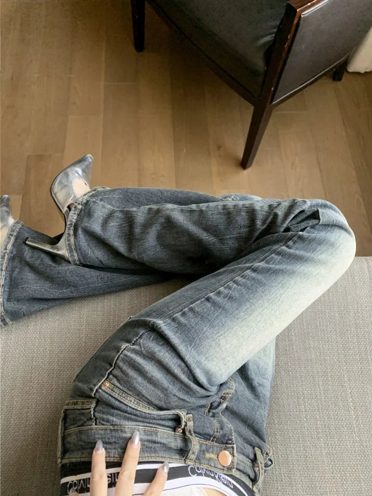 Y2k Sexy Coquette Low Rise Flared Jeans Women American Retro Casual Grunge Popular Denim Pants 2000s Streetwear 90s