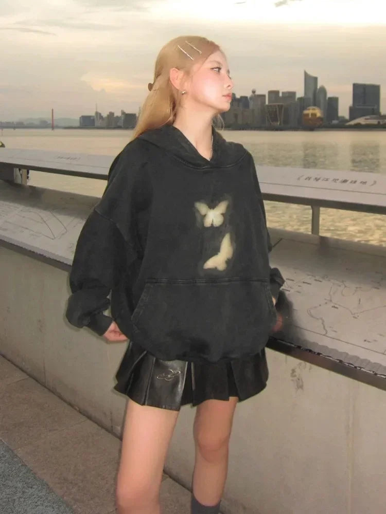 Butterflies Print Black Hoodie Women Streetwear Harajuku Oversized Pullover Sweatshirts Maillard Reaction Cotton Clothes