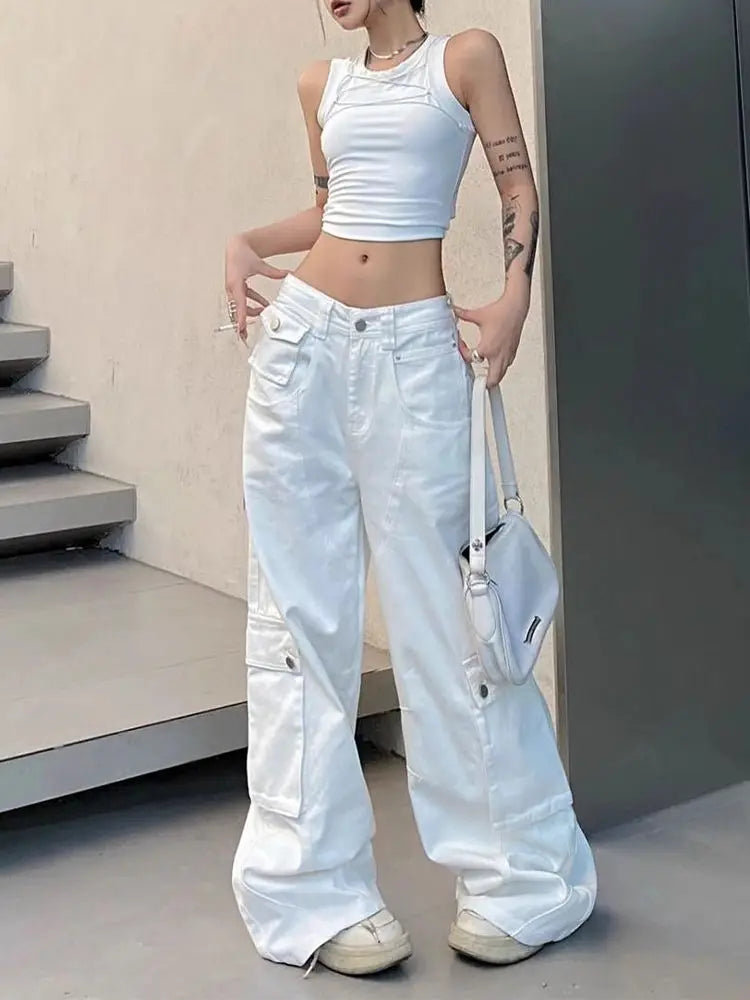 Women Low Waist Denim Pants Y2k Vintage Loose Korean Style Straight Wide Leg Cargo Jeans Harajuku Causal Ladies Trousers