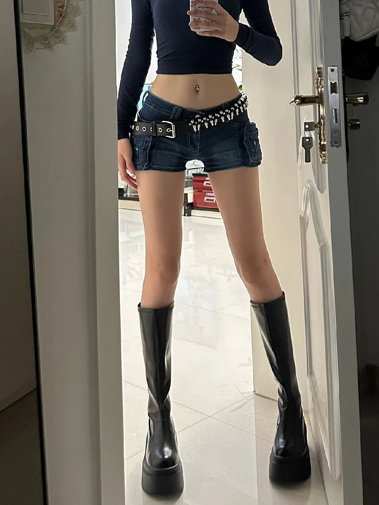 Woman Casual Hot Slim Pants Low Waist Jean Solid Color Wash shorts Denim Shorts With Belt Classical Sexy Gyaru Dark Academia