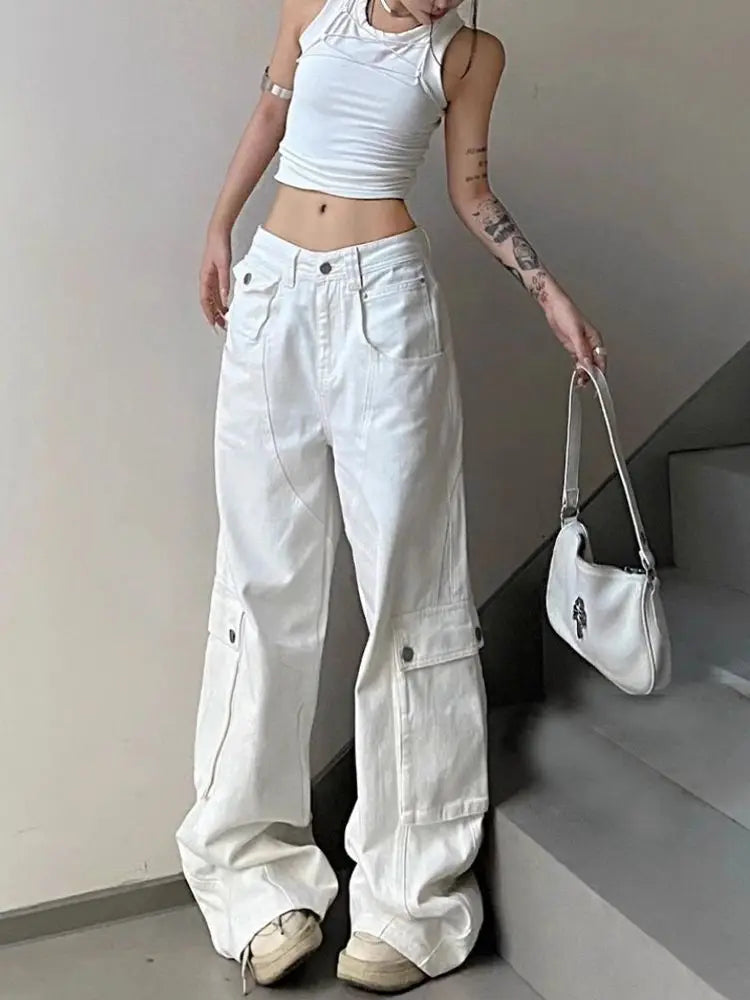 Women Low Waist Denim Pants Y2k Vintage Loose Korean Style Straight Wide Leg Cargo Jeans Harajuku Causal Ladies Trousers