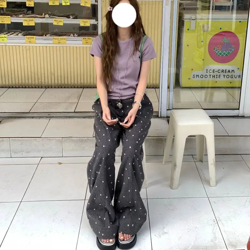 2025 Summer Hot Retro Internet Celebrity Korean New Straight Tube Loose Wave Embroidery Casual Pants Trend