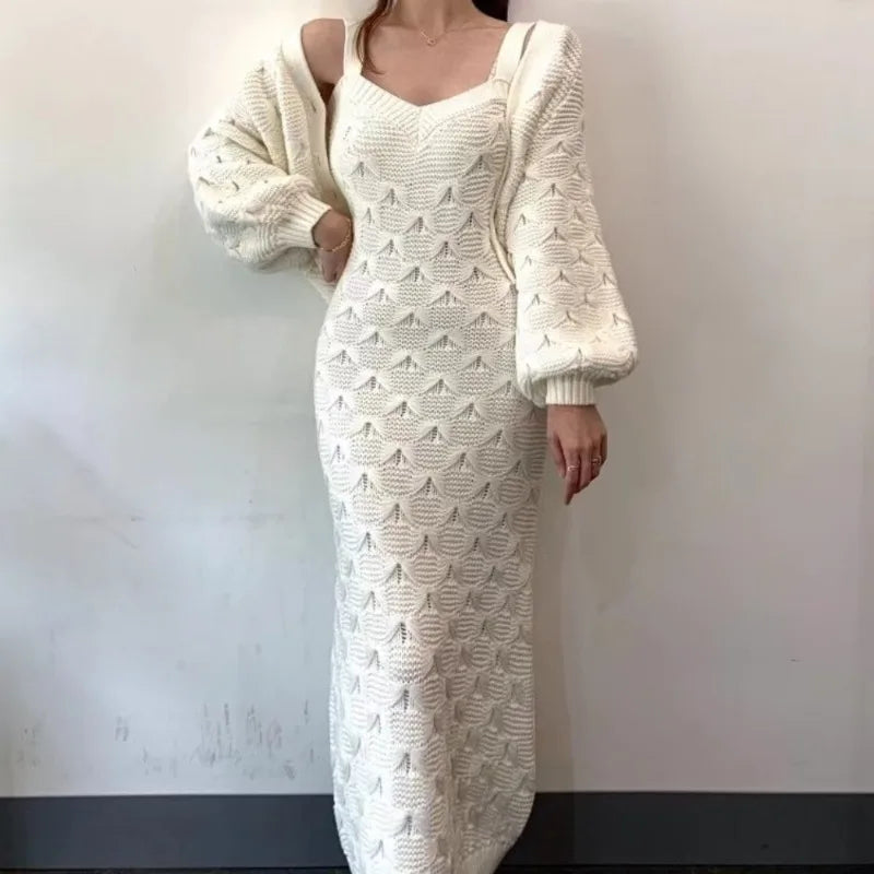 Sweet Hot Girl Suit Women's Autumn and Winter Singlebreasted Lantern Sleeve Knitted Cardigan Slim Strap Dress Twopiece Set