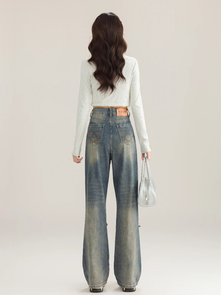 Blue Flared Jeans Women Kawaii Wide Leg Pants with Bow Korean Style Spring Fashion Cutecore High Wasit Denim Trousers