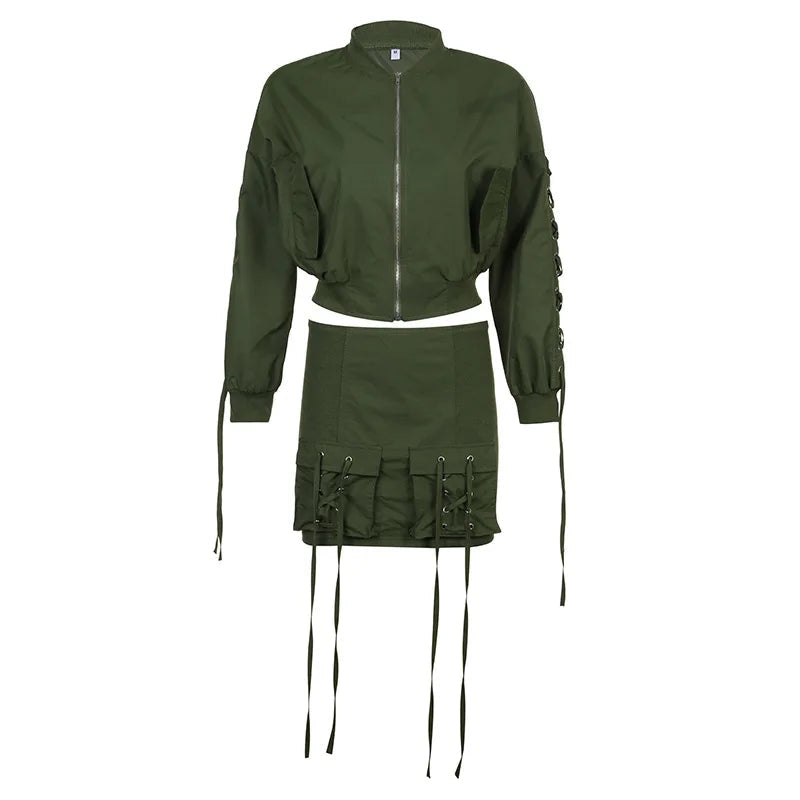 bandage Skirts Suit For Women Fashion Zipper Slim Lace Up Cardigan Femme Sexy Mini Skirt 2 Piece Sets Womens Outfits
