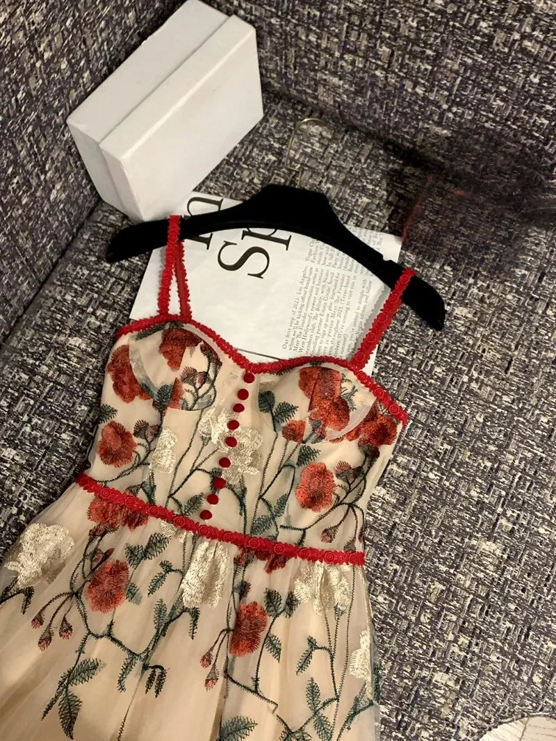 Sweet Hot Girl Suit Women's Autumn Red Longsleeved Cardigan Embroidery Floral Strap Dress Twopiece Set Fashion Female Clothes