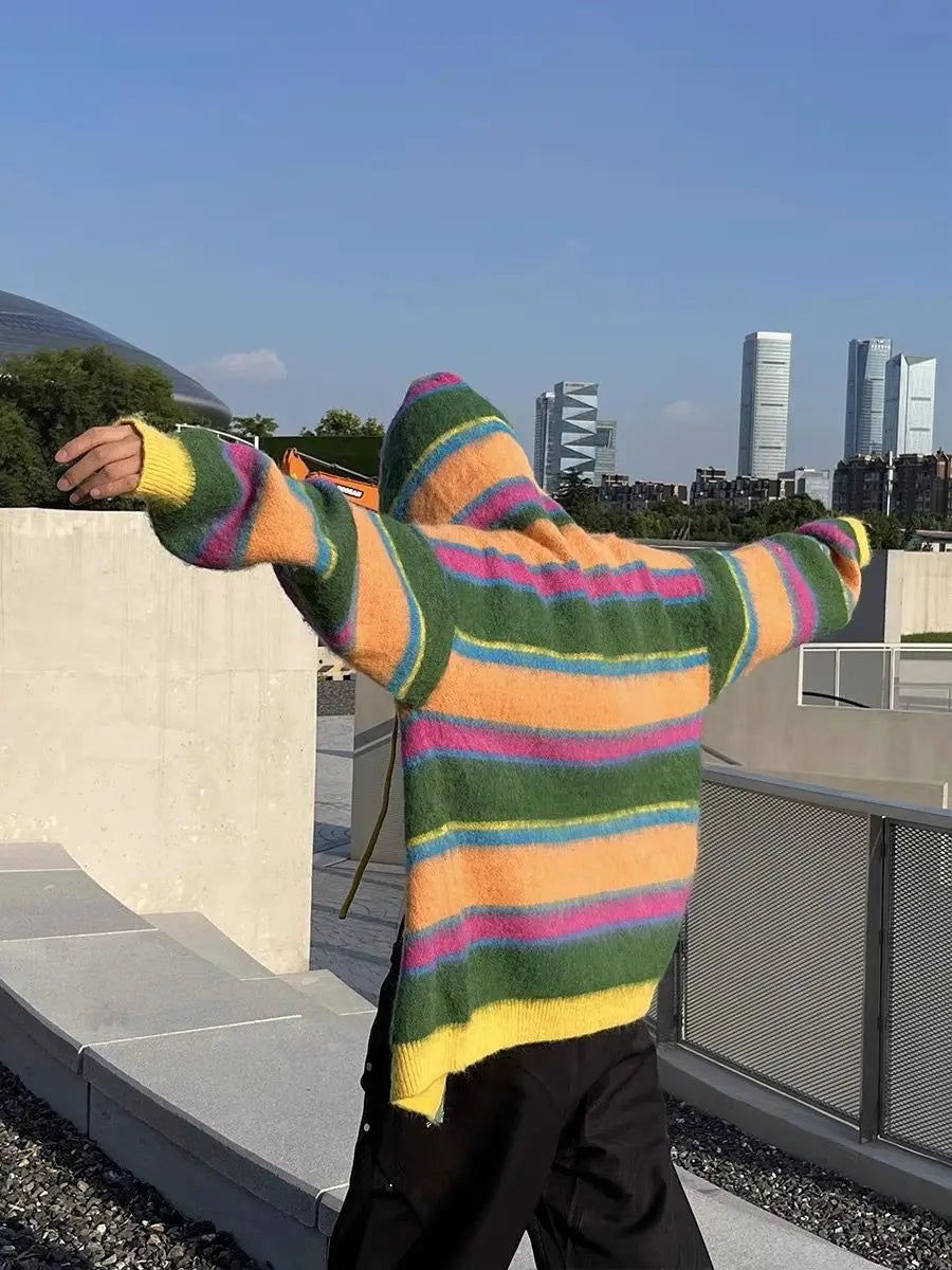 Women Retro Rainbow Striped Knitted Sweater Cardigan 2024 Color Blocked Casual Versatile Autumn Winter Hooded Jacket