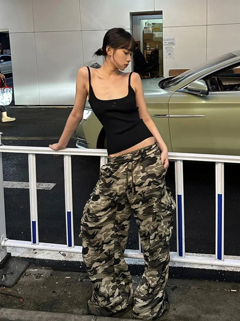 American Retro Punk Camouflage Pocket Cargo Pants Y2K High Street Hip Hop Loose Fashion Street Casual Straight Wide Leg Pants