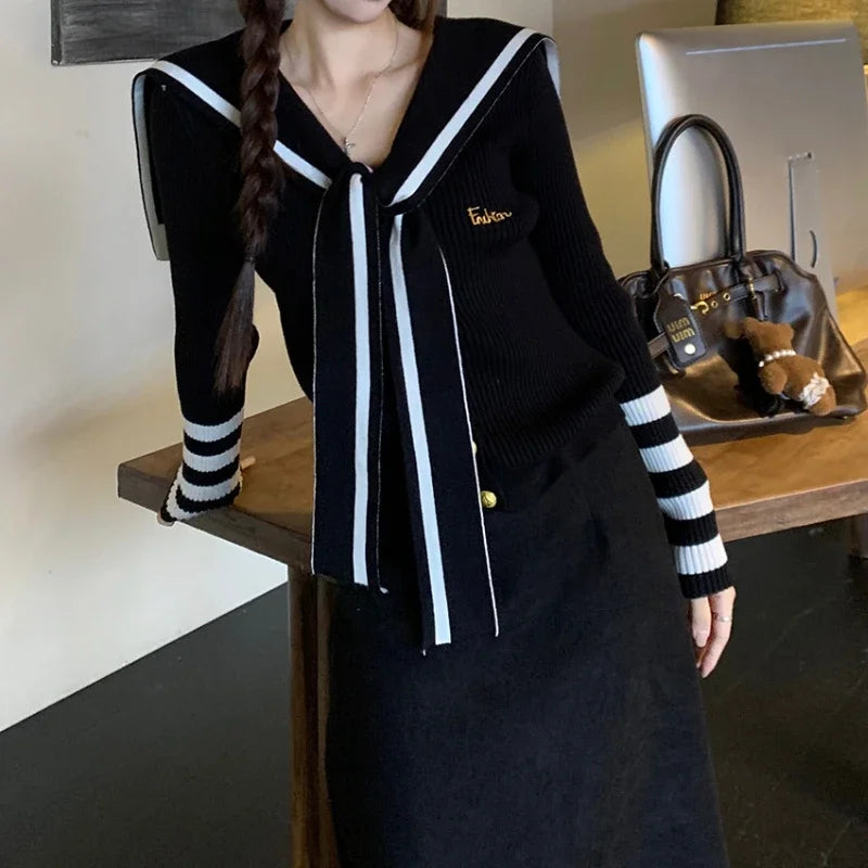 Autumn New Japanese Contrast Color Patchwork Laceup Long Sleeve Cardigan Women + Loose Knitted Aline Skirt Twopiece Suit