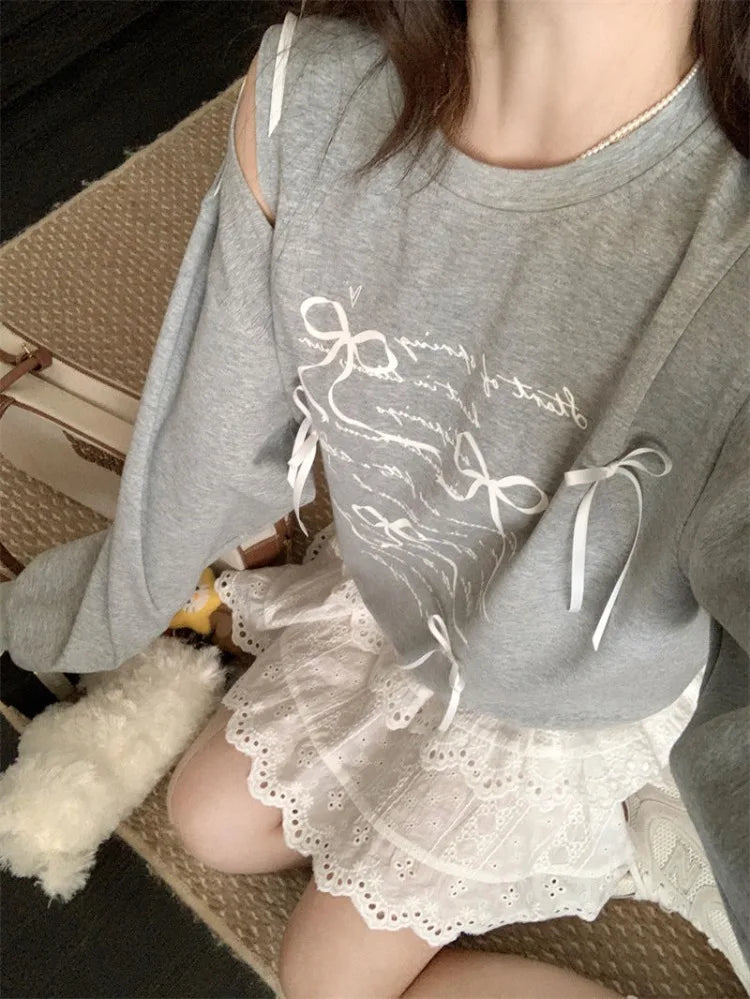 Sweatshirt Women Bow Hollow Out O Neck Long Sleeve Letter Printed Loose Thin Pullover Autumn New Sweet Female Hoodies