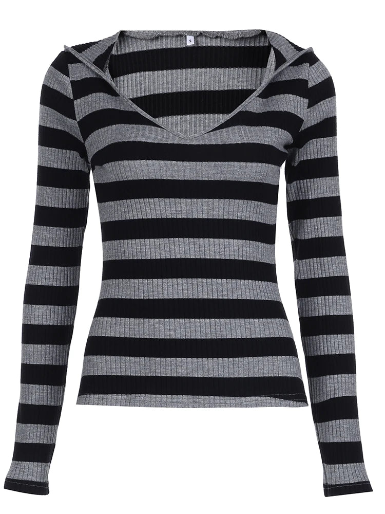 Black Dark Gray Stripe Hooded T-Shirt Women V Neck Slim Long Sleeve Basic Spring Autumn Ribbed Top Preppy Streetwear Tee