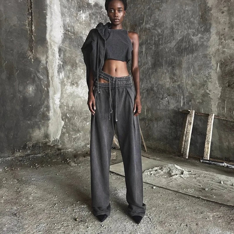 Sweatpants Women Gray Loose Casual Wide Leg Trousers Hollow Out Streetwear Vintage Female Clothing