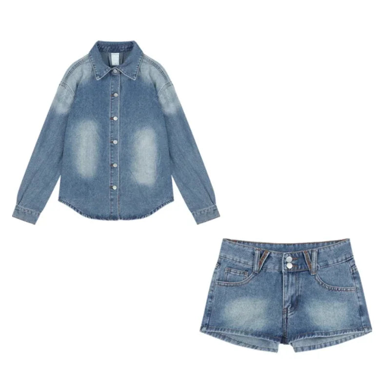 Autumn New Streetwear Washed Distressed Denim Loose Longsleeved Shirt Women + Casual Straight Pants Twopiece Suit