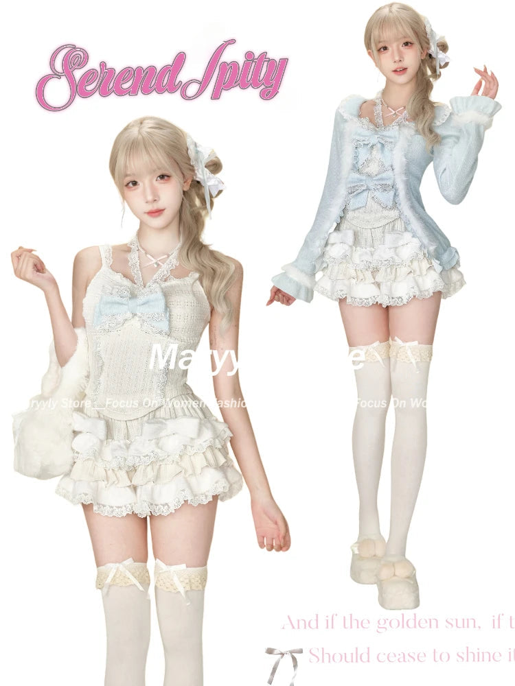 Winter Sweet Cute New 3 Piece Sets Women Outfits Elegant Long Sleeve Bow Cardigan + Casual Slim Vest + Lace Patchwork Mini Skirt