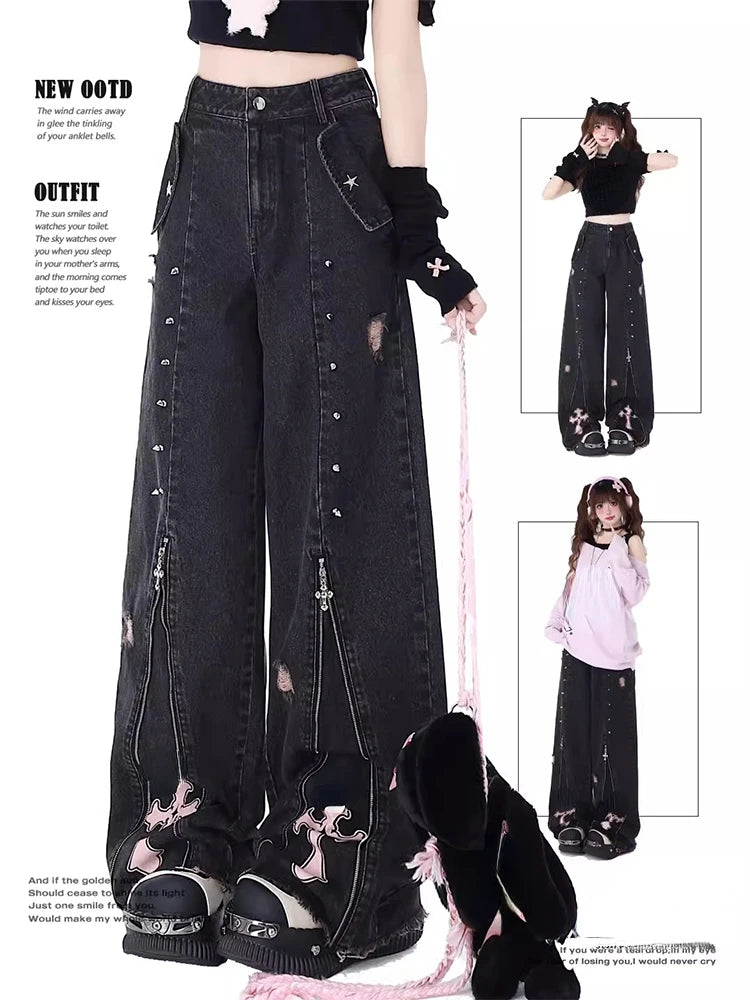 Women Black Gothic Baggy Jeans Vintage High Waist Cowboy Pants Harajuku Denim Trousers Aesthetic Y2k Emo Trashy 2000s Clothes