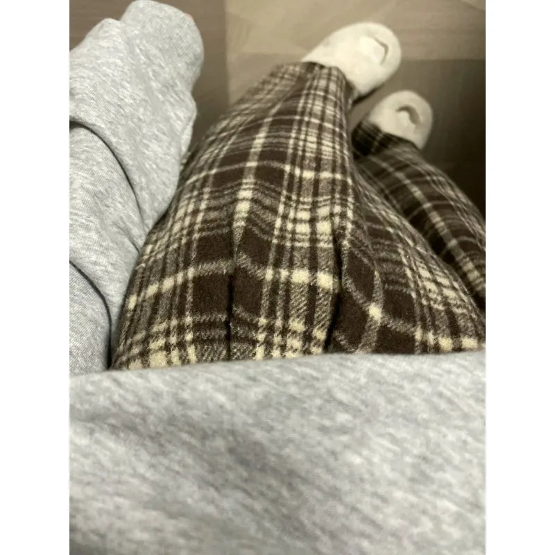 Vintage Woolen Plaid Pants Women Autumn Winter Korean Fashion Harajuku Baggy Check Loose Trousers Casual 90s Aesthetic New