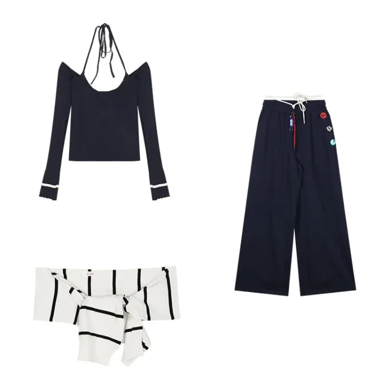 Autumn New American Laceup Loose Casual Wide Leg Pants Women + Patchwork Halter Sweater + Knitted Shawl Threepiece Suit