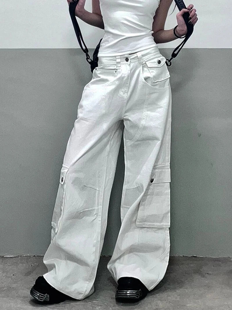 Summer White Womens Jeans High Waist Baggy Casual Vintage Y2K Trend Straight Cargo Pants Street American Wide Leg Denim Trouser