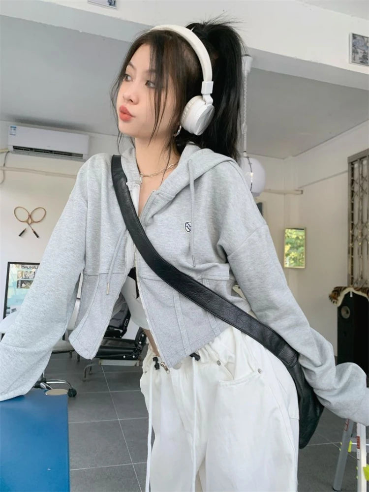 Women Zip Up Sweatshirts Casual Slim Korean Style Cropped Hoodies Female Sweet Basic Fashion Sportswear