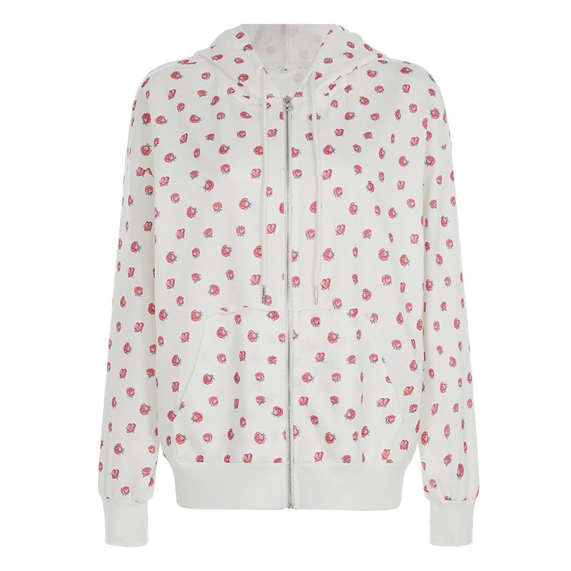 Y2K Floral Print Zipper Hoodie Harajuku Loose Hooded Sweatshirts Cute Oversized Cardigan Casual Basic Thin Coats Autumn