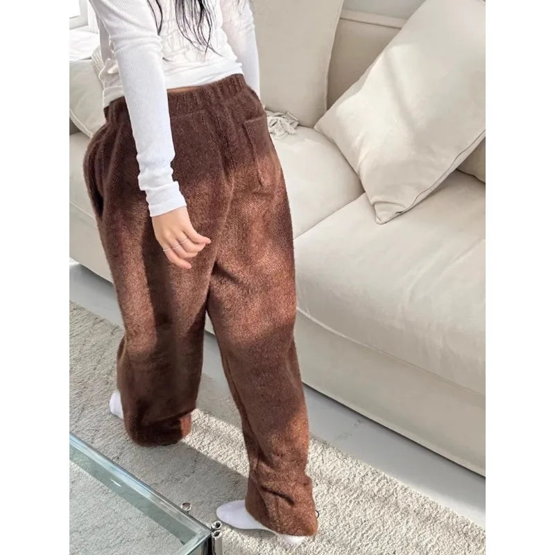 2024 Summer Vintage Korean Retro High Street Hairy and Thick Low Waist Trousers Streetwear Fashion Wide Leg Pants