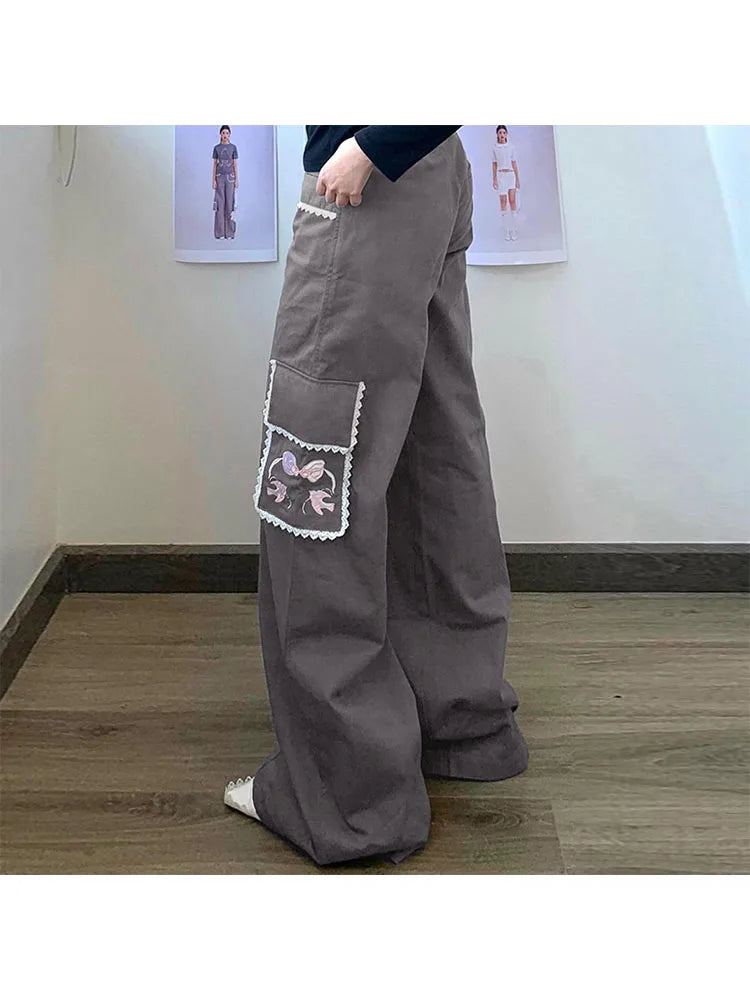 Woman Denim Pants Loose Trousers Low Waist Sweatpants FloorLength Cargo Pockets Pants Bell Bottoms Hiking Design Pant Y2K
