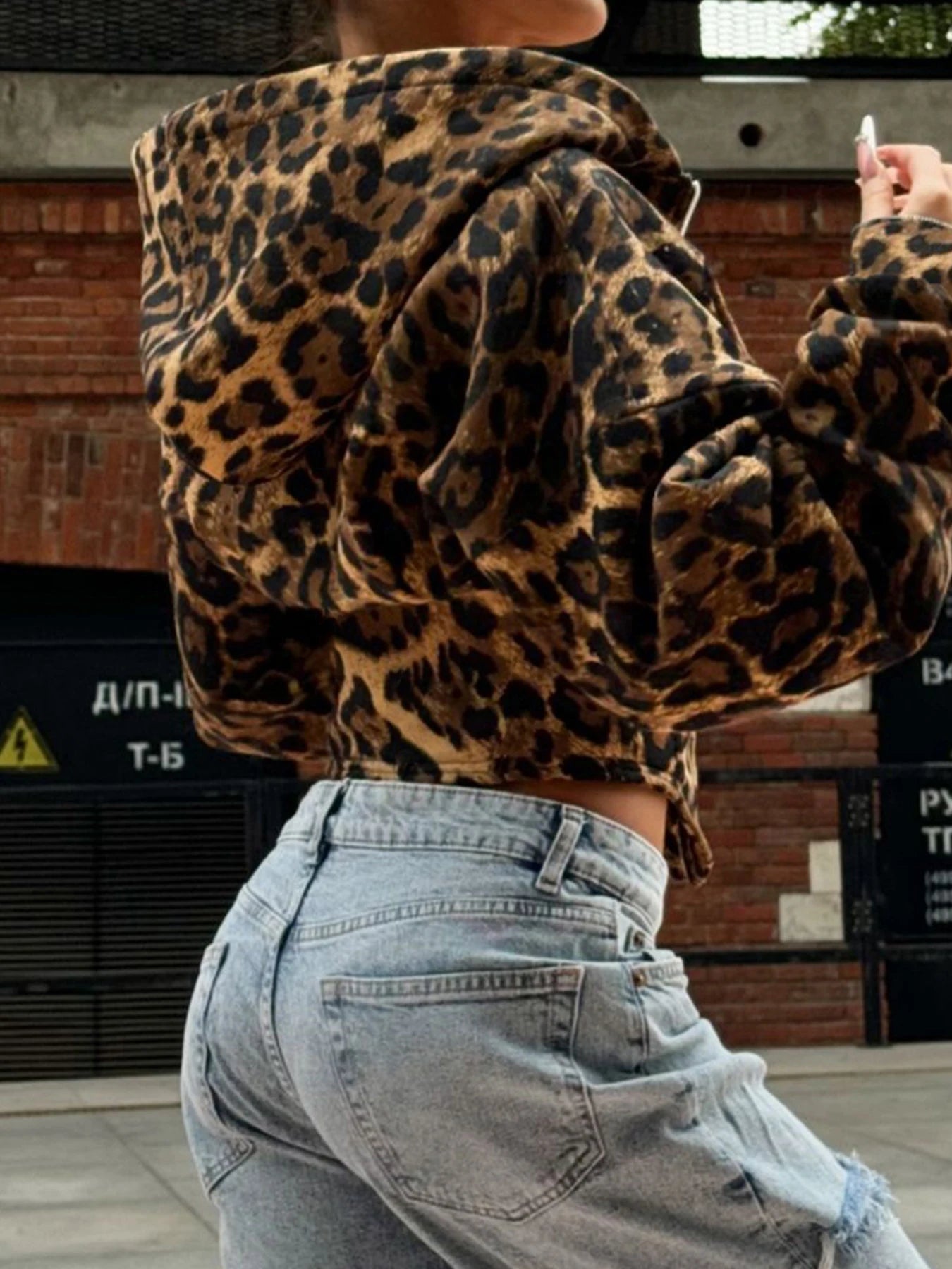 Autumn New Zip Up Hooded Women��s Sweats Long Sleeve Binding Waist Leopard Streetwear Hoodies Gyaru Baddie Y2k
