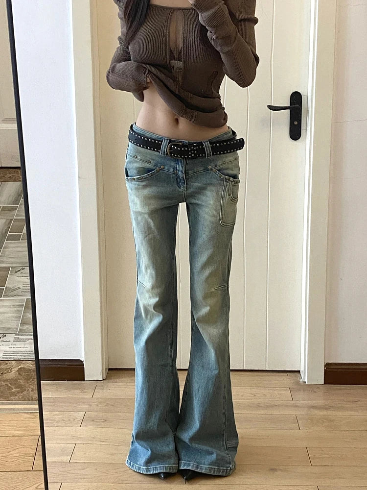 Women Gyaru Japanese Harajuku Y2K Streetwear Low Rise Flare Denim Pants Jeans 2000s Vintage BellBottom Trousers Kpop Goth Tide