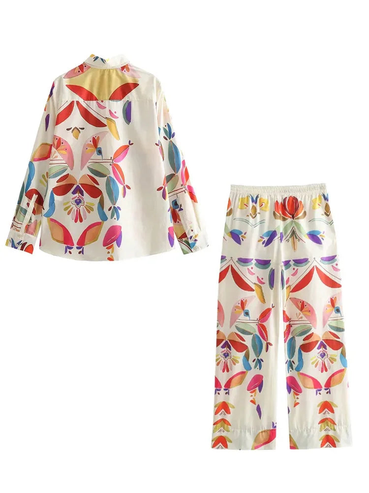 Women Spring Fashion Suit Vintage Printed Lapel Long Sleeves Single Breasted Shirts Female Elastic Waist Wide Leg Pants