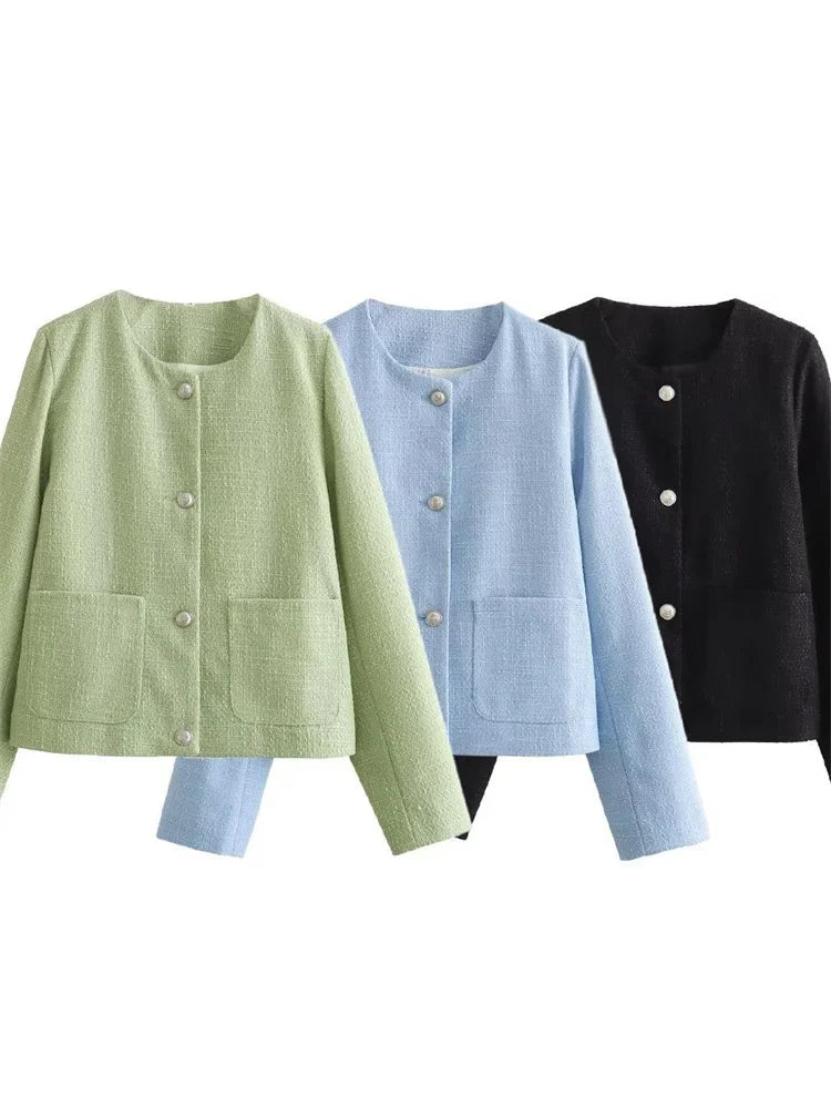 Autumn Casual Patchwork Cardigan Sweater Scoop Neck For Women Solid Pocket Elegant High Waist Outwear Fashion Female Coat