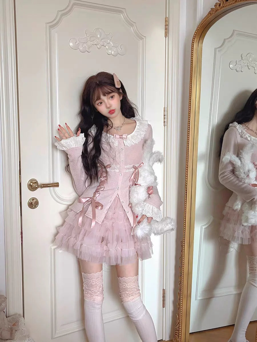 Women's Soft Sweater Cardigan 2024 New Autumn Bow Pearl Single Breasted Oneck Sweater Sweet Coat